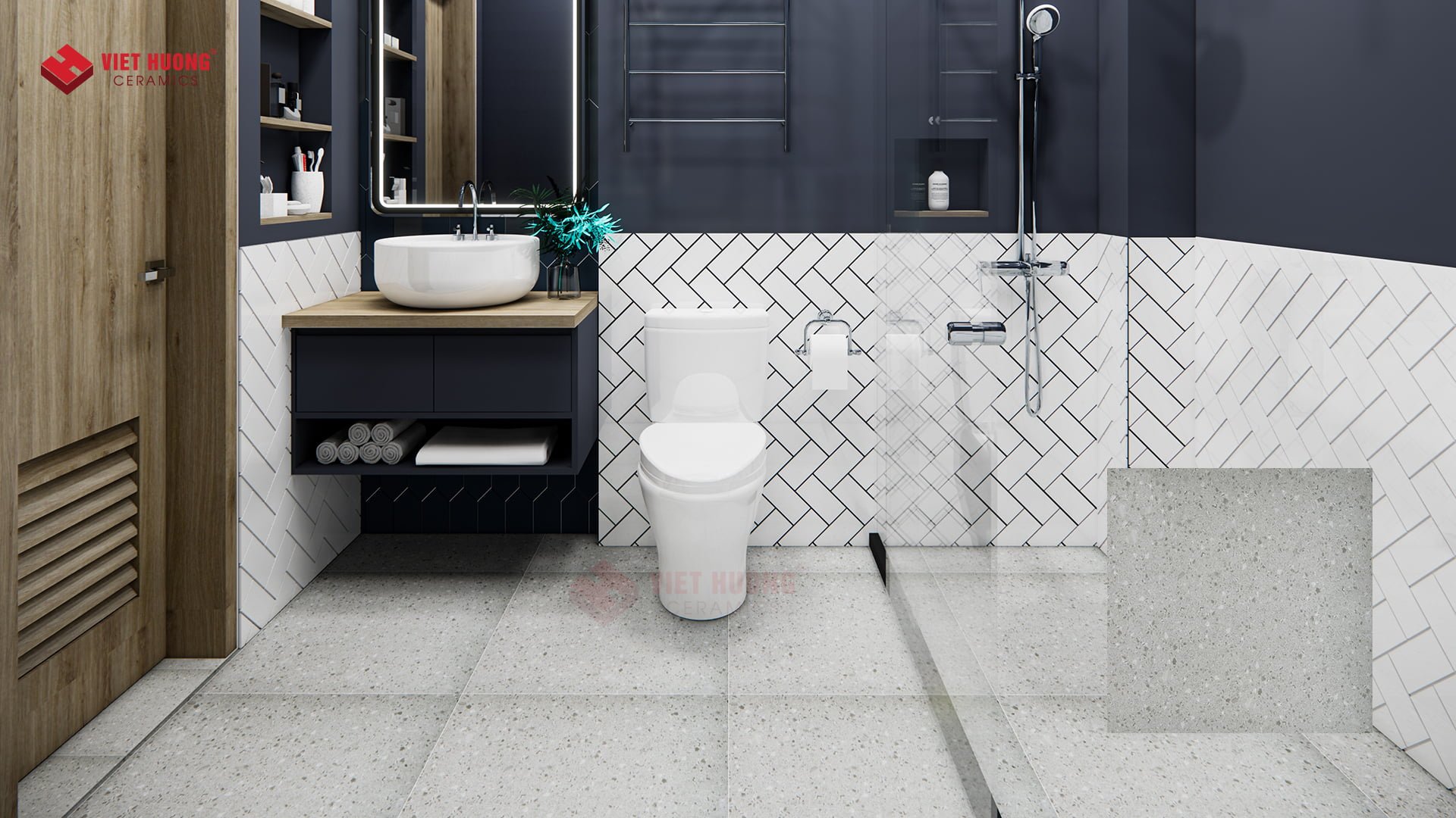 Top 20+ mẫu gạch sỏi lát nền nhà tắm đẹp, chống trơn 2025 22 Gạch mờ terrazzo giả sỏi lát nền phòng tắm - VH60K01