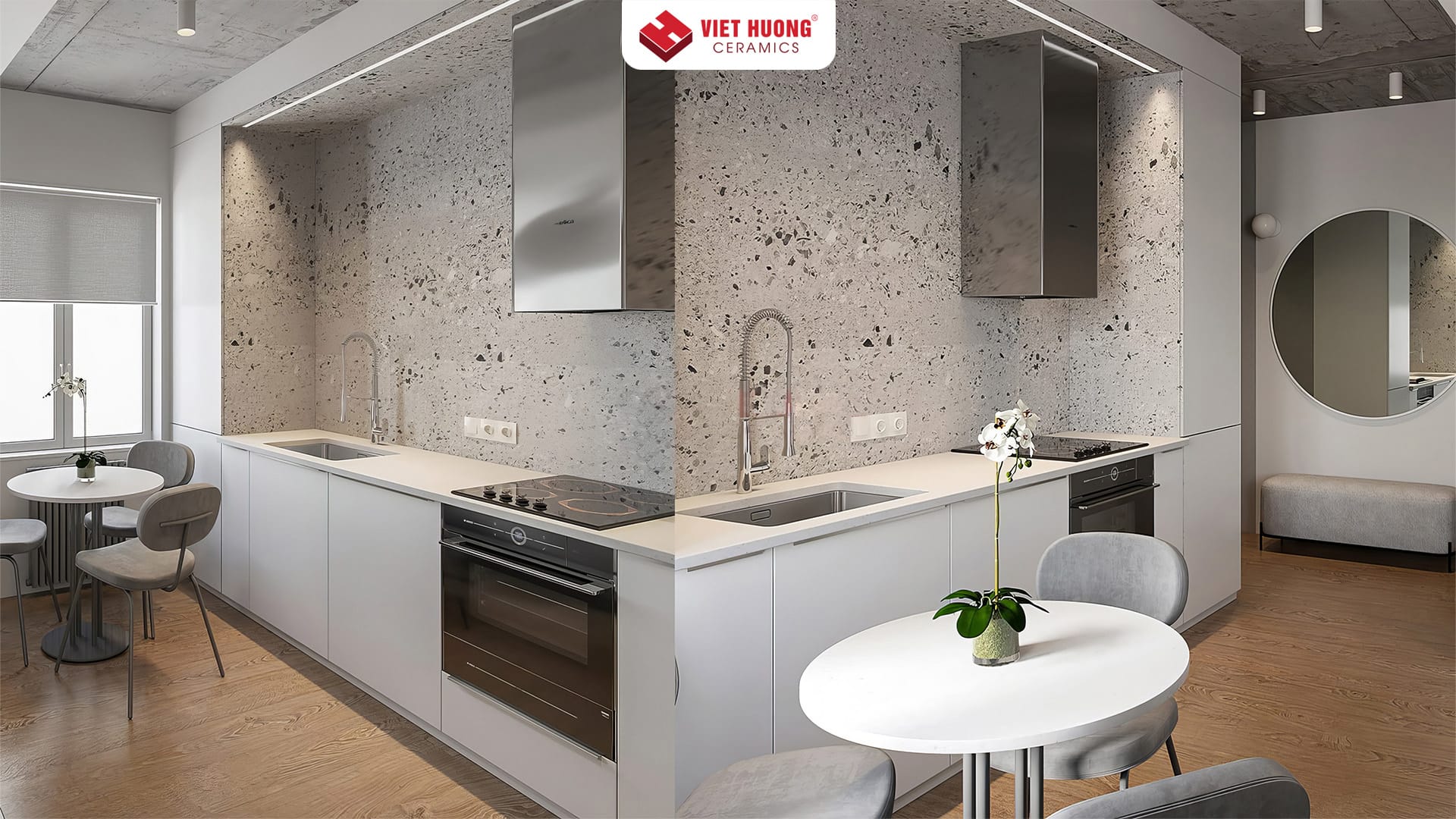 Gạch terrazzo 300x300 bao nhiêu 1m2? Ứng dụng gạch terrazzo 300x300 trong thi công nội ngoại thất 16 Gạch vân đá terrazzo 300x300 ốp tường bếp