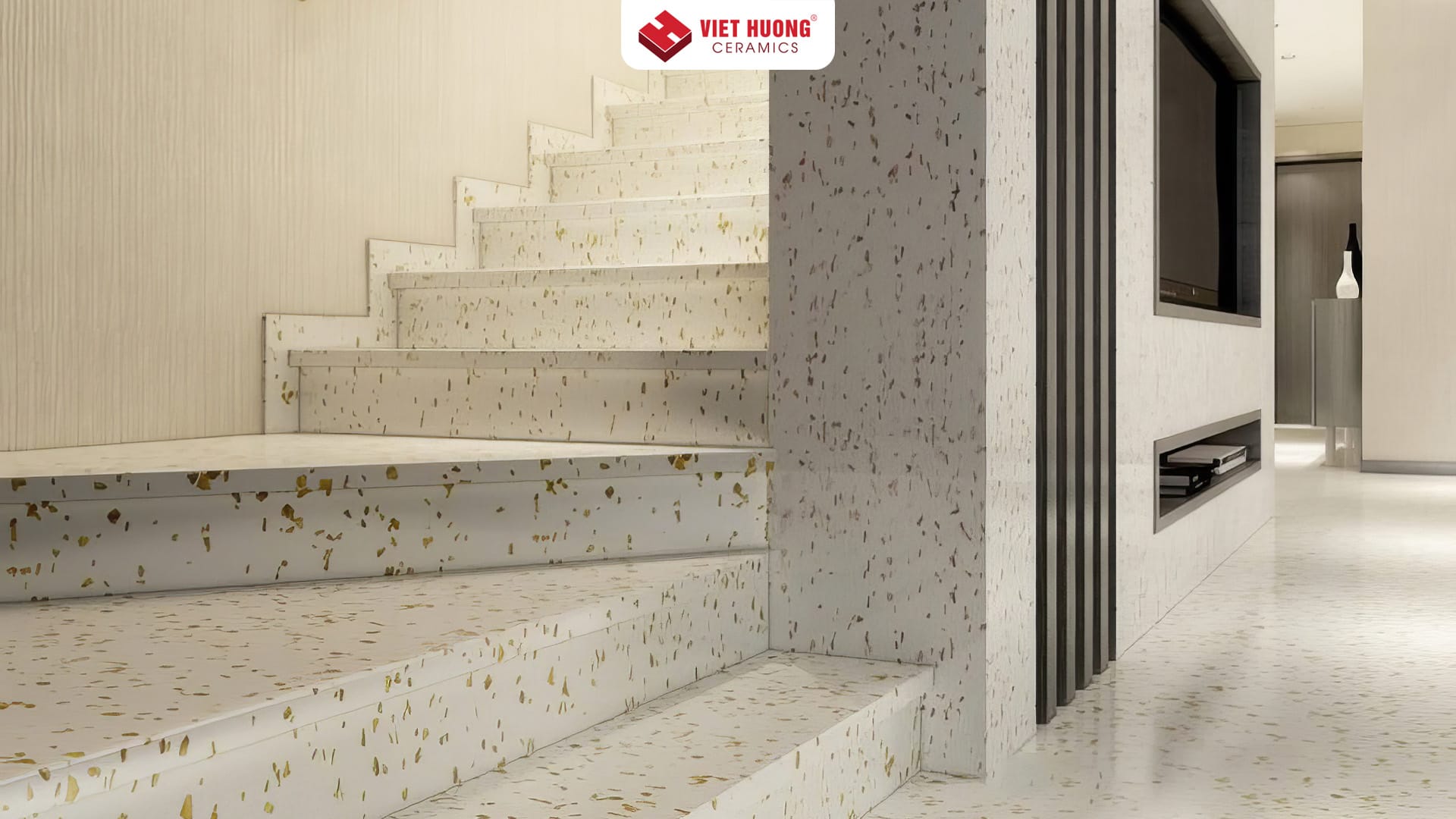 Gạch terrazzo 300x300 bao nhiêu 1m2? Ứng dụng gạch terrazzo 300x300 trong thi công nội ngoại thất 18 Gạch terrazzo 30x30cm men mờ ốp cầu thang