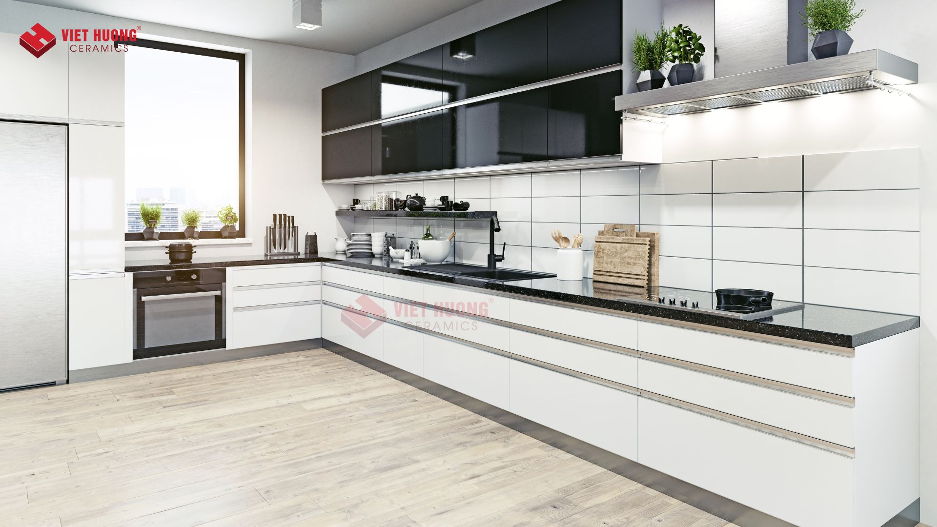 Top 20 bí kíp chọn gạch ốp bếp giúp không gian luôn đẹp, bền, hiện đại 19 Mẫu gạch men sáng với bề mặt bóng loáng, phản chiếu ánh đèn trần tạo cảm giác gian bếp rộng rãi và sạch sẽ.